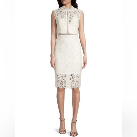 NEW Bardot Mini Dress XS White Lace Crochet Stripe Detail Back Zip Short Sleeve - Picture 1 of 16